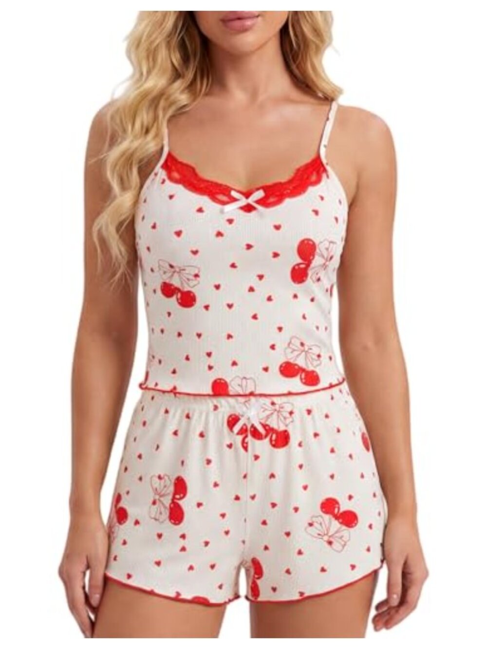 Womens Cami Pajama Set Lace Trim Cherry Print Soft Lounge Sleepwear